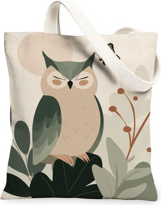 Generic Owl Canvas Tote Bags, Nature Art Design Reusable Bags, Autumn Vintage Eco-Friendly Washable Shoulder Strap Canvas for Trave, Green, 13x15 Inch