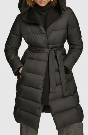 DKNY Water Resistant Mixed Media Hooded Puffer Coat in Black at Nordstrom, Size Xx-Large