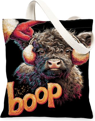 Generic Funny Animal Canvas Tote Bags, Cute Cow Design Reusable Grocery Bags, Winter Holiday Lightweight Washable Shoulder Strap Ca, Black, 13x15 Inch