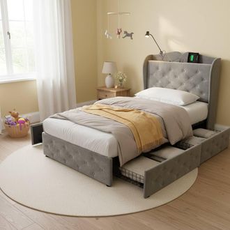 Merax 3ft Single Upholstered Wingback Storage Bed with Lamp & Charging Ports in Grey