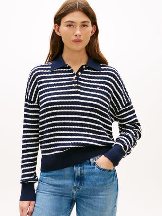 Tommy Hilfiger Strickpullover TOMMY HILFIGER CO CABLE FINE GG RLXD POLO SWT, Damen, Gr. L (42/44), schwarz night navy, ivory petal stp, Strick, Obermaterial: 100% Ba