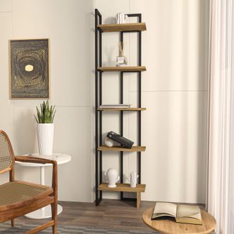 Decorotika Alice 180 cm 5-tier Metal Frame Reversible Corner Bookshelf in Light Oak