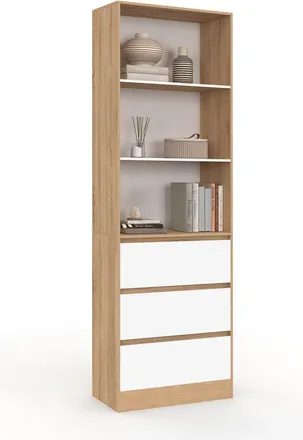 IDMarket Carla Libreria A 3 Livelli Con 3 Cassetti Bianchi Ed Effetto Legno H.190 Cm