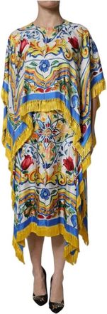 Dolce & Gabbana Majolica Print Fringed Midi Jurk - Dames - Casual kleedjes - Veelkleurig - M - Rayon - Kleedjes