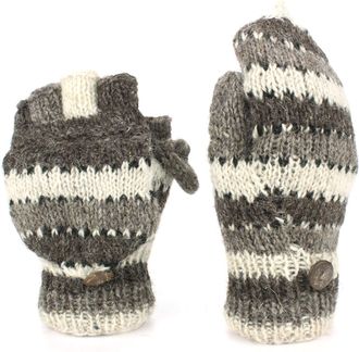 Loud Elephant Chunky Wool Knit Fingerless Shooter Gloves - Stripe - Oatmeal & Grey