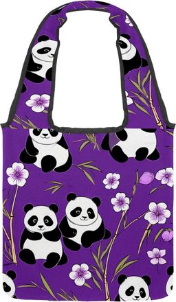 Generic Cute Panda on Purple Reversible Canvas Shoulder Tote - Double-Sided Print, 12oz Cotton, 27cm Drop, Fold-Flat Bag for Travel, Shopping, Street Outings