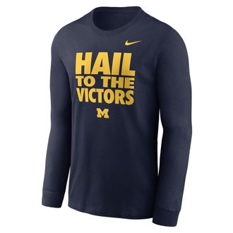 Nike Jordan Mens Michigan Sideline Slogan Jordan Brand Dri-FIT College Long-Sleeve T-Shirt in Blue | 0JEW41SMWN-H2B