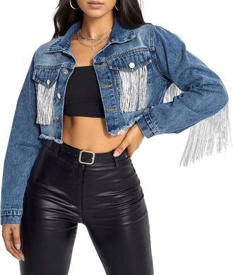 Generic Jean Jacket for Women Trendy Casual Summer Fringe Cropped Jacket Lightweight Western Tassel Denim Coat