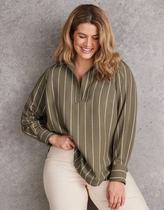 Live Unlimited London Womens Khaki Striped Long Sleeve Collared Shirt - Green - Size: 12