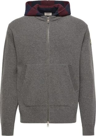 Moncler Gebreide Cardigan van Wol en Kasjmier met Capuchon en Strepen - Heren - Vesten - Grijs - L - Wol - Truien & Vesten