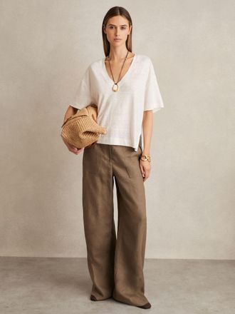 Reiss White Linen V-neck T-shirt, XS