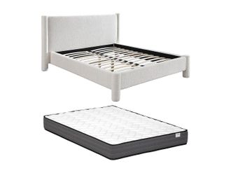 Vente-Unique Cama 180 x 200 cm - Tela rizada - Blanco + Colch&oacute;n - CONOMO