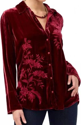 Johnny Was Velvet Vintage Button Down Shirt In Cran-Ruby Red
