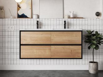 Vente-Unique Mueble de ba&ntilde;o flotante con lavabo empotrado - Color natural claro y negro - 120 cm - LANNICK