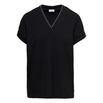 Brunello Cucinelli Brunello Cucinelli, T-Shirts, female, Black, Size: M Monili V-neck T-shirt
