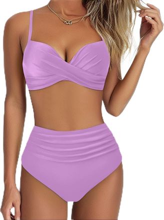 Generic Bikinis for Women UK - High Waisted Bikini Set 2 Piece Swimsuit for Women V Neck Sexy Bikinis Solid Pool Beach Vacation Purple