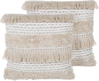 Beliani Beliani - Set of 2 Scatter Cushions Pillows Beige Boho Strands Knots 45 x 45 cm Villur
