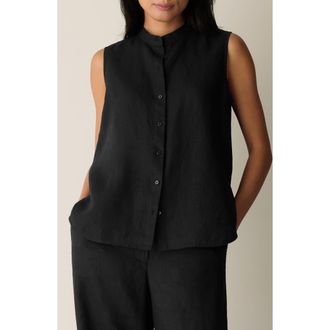 Eileen Fisher Sleeveless Linen Mandarin Collar Button-Up Shirt in Black at Nordstrom, Size X-Large