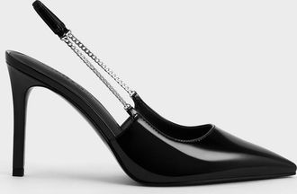 Charles & Keith Patent Chain-Link Pointed-Toe Slingback Pumps
