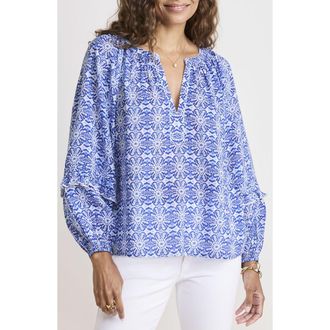 Vineyard Vines Izzy Tile Print Cotton Blend Popover Top in Caribbean Tile Blue at Nordstrom, Size Medium