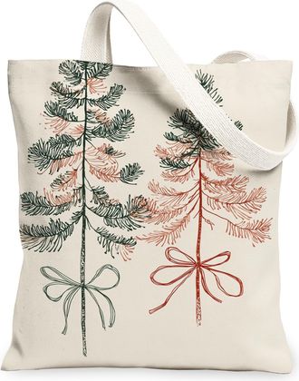 Generic Christmas Trees Canvas Tote Bags, Elegant Pine Design Reusable Grocery Bags, Winter Vintage Lightweight Washable Shoulder S, Beige, 13x15 Inch
