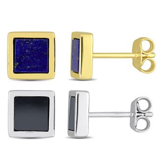 Amour Mens 2-Piece Set 2ct TGW Lapis and Hematite Square Stud Earrings in Yellow and Sterling Silver