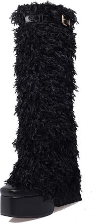 Generic Womens Square Toe Knee High Boots Chunky High Heel Platform Long Boots PU Leather Punk Boot with Buckle,Black,7.5 UK