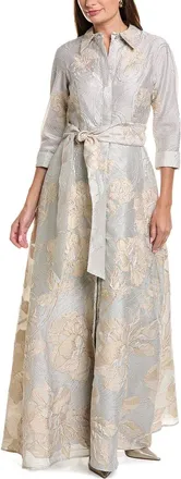 Teri Jon by Rickie Freeman Metallic Floral Jacquard Shirt Gown