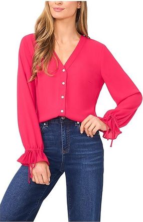CeCe by Cynthia Steffe V-Neck Button Front Long Sleeve Top Womens Clothing Ruby Blush : MD, Polyester