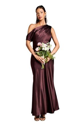 Coast Satin One Shoulder Fishtail Maxi Dress in Espresso at Nordstrom, Size 14