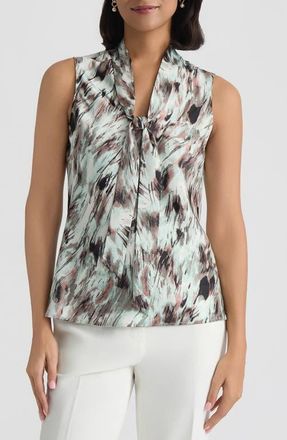 Kasper Abstract Print Tie Neck Sleeveless Top in Sea Glass Multi at Nordstrom, Size X-Large P