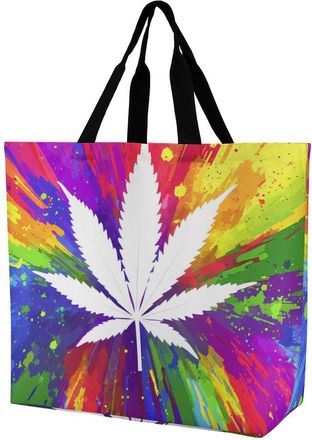 Generic Rainbow Weeds Reusable Shopping Bags One Shoulder Grocery Tote Bag Waterproof Big Purse for Work Travel