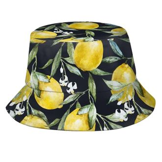 Generic Sun Hat Trendy Lemon Print Oversized Bucket Hat Windproof Bucket Cap for Traveling Hunting Hiking