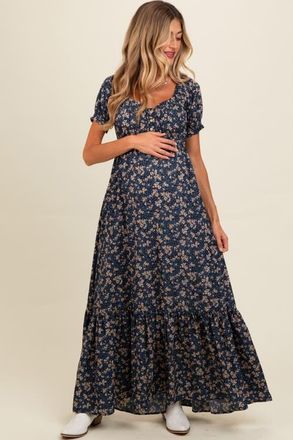 Pinkblush Floral Button Accent Maxi Dress in Navy Blue at Nordstrom, Size Medium