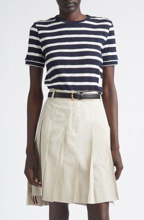 Thom Browne Stripe Scallop Edge Short Sleeve Cotton Rib Sweater in Navy/White at Nordstrom, Size 0 Us