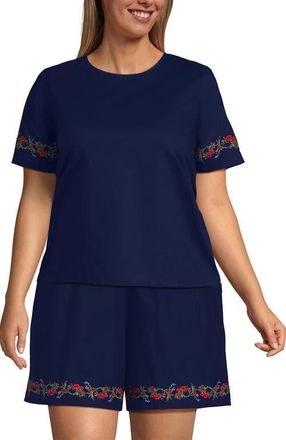 Lands End Poplin Eyelet Back Tie Shirt in Cherry Border/deep Sea Navy at Nordstrom, Size 2X