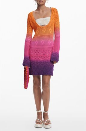 Desigual Colorblock Long Sleeve Open Stitch Cotton Cover-Up Dress in Orange at Nordstrom, Size Medium