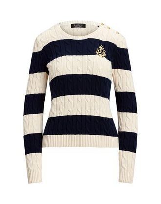 Ralph Lauren STRIPED BUTTON-TRIM CABLE-KNIT SWEATER