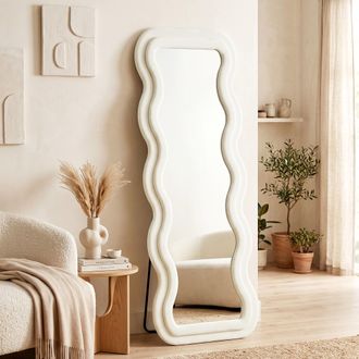 HOMCOM Homcom Espejo De Cuerpo Entero 60x160 Cm Con Marco Ondulado Aterciopelado, De Pie O Pared, Vidrio Templado, Blanco Crema
