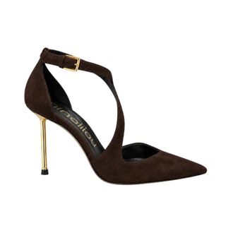 Ninalilou D&eacute;collet&eacute; in Suede with Ankle Strap and Gold Stiletto - - Shoes - Donna - Marrone - 39 EU