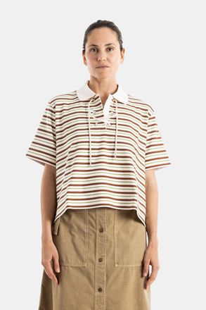 Moncler Womens Striped Cropped Polo With Laces Brown And Green T-Shirts Polos
