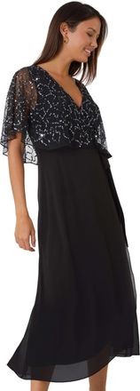Roman Womens Sequin Embellished Chiffon Wrap Maxi Dress - Black - Size 18 UK