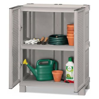 Dmora Mueble Para Exteriores O Interno Multiusos, Armario Bajo Con 2 Puertas Y 1 Estante De Polipropileno, 100% Made In Italy, 70x39h92 Cm, Color Gris Claro