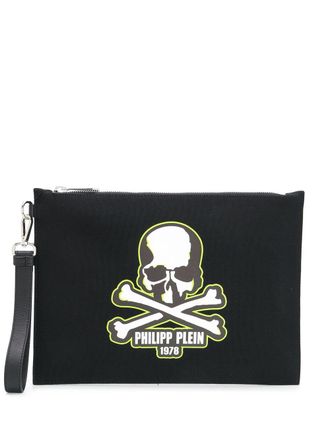 Philipp Plein skull-print clutch bag - men - Cotton/Calf Leather/Polyamide/Polyester/Polyurethane - OS - Black
