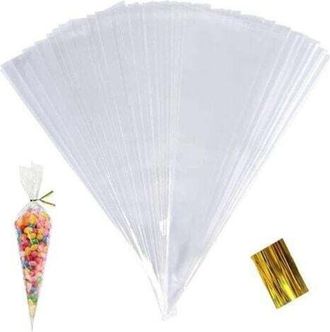 OEM 100 Bolsas Transparentes Para Dulces De 25x13cm, Bolsas De Celof&aacute;n En Cono Con Cinta Dorada Para Navidad, Fiestas, Bodas Y Peque&ntilde;os Regalos