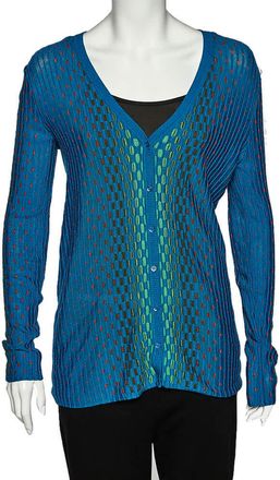 M Missoni Blue Patterned Dobby Knit Button Front Cardigan