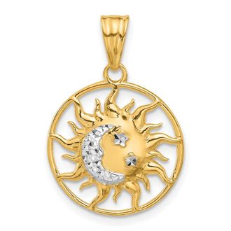 Diamond2Deal 14k Yellow Gold White Rhodium Diamond-Cut Sun Moon Stars Pendant