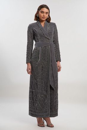 Karen Millen Womens Velvet Embellished Woven Maxi Blazer Dress - Silver - Size 10 UK