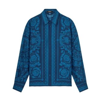 Versace Casual Shirts, male, Blue, Size: M Camicia Abbottonata con Stampa Barocca