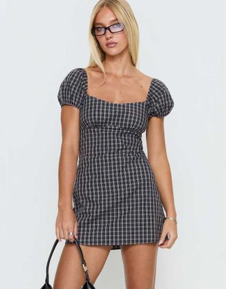 Princess Polly Sorynna - Vestito corto con maniche a sbuffo e scollo squadrato in cotone blu navy a quadri
